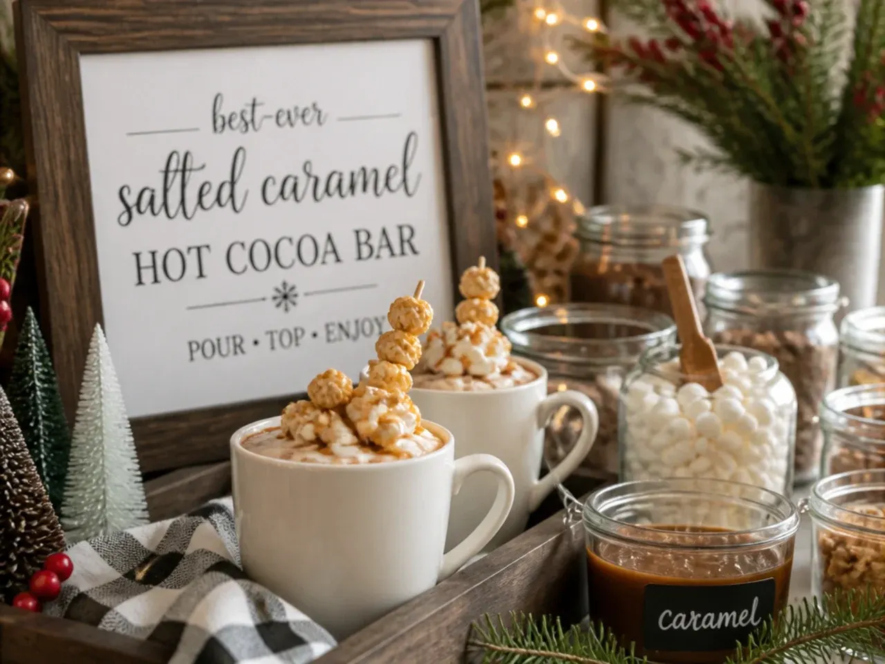 Salted caramel hot cocoa with whipped cream and caramel drizzle