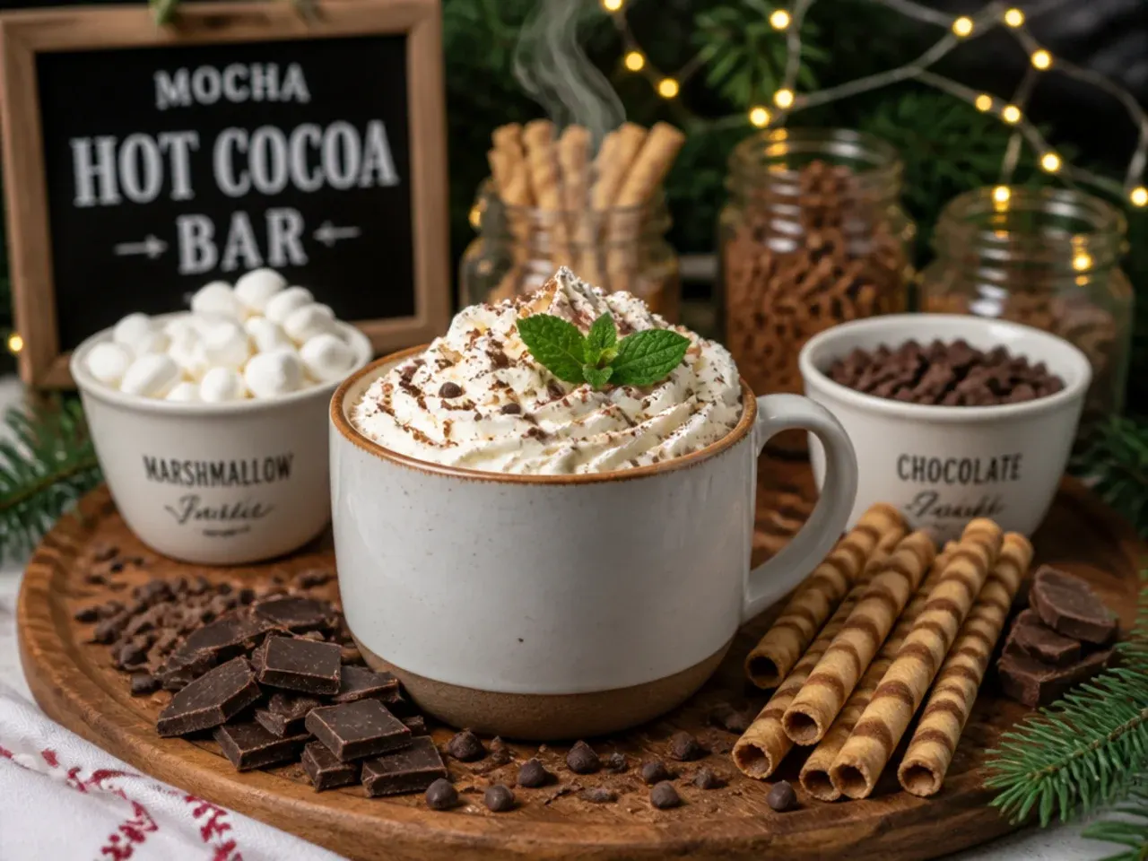 Mocha hot cocoa topped with whipped cream and cocoa powder dusting