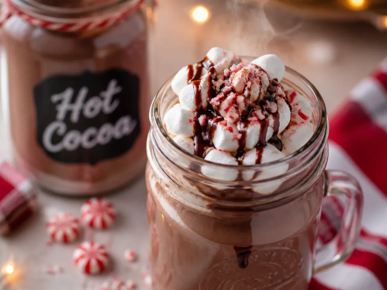 Layered hot cocoa mix in a gift jar tied with ribbon