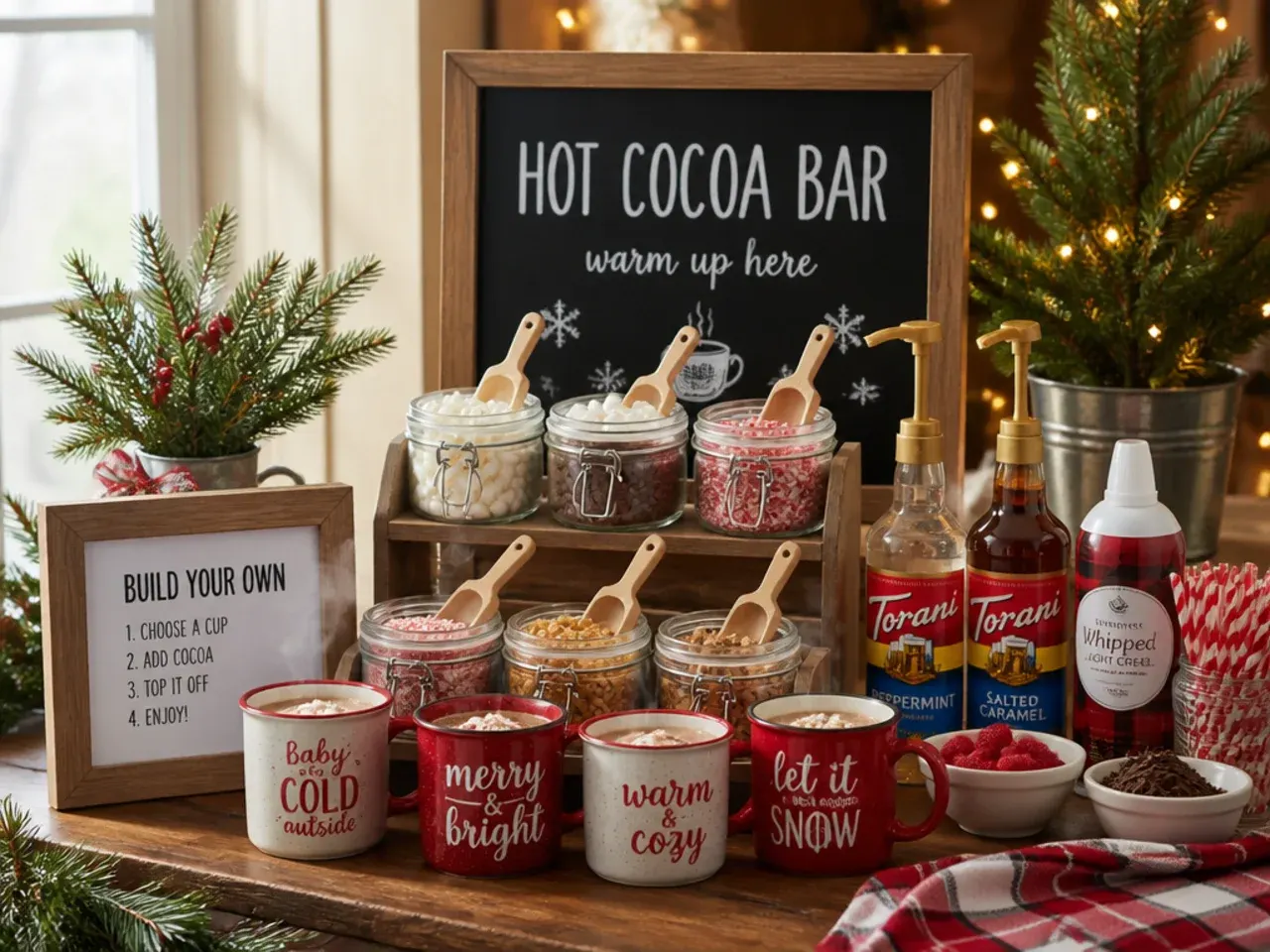 Kids picking toppings from a family hot cocoa bar