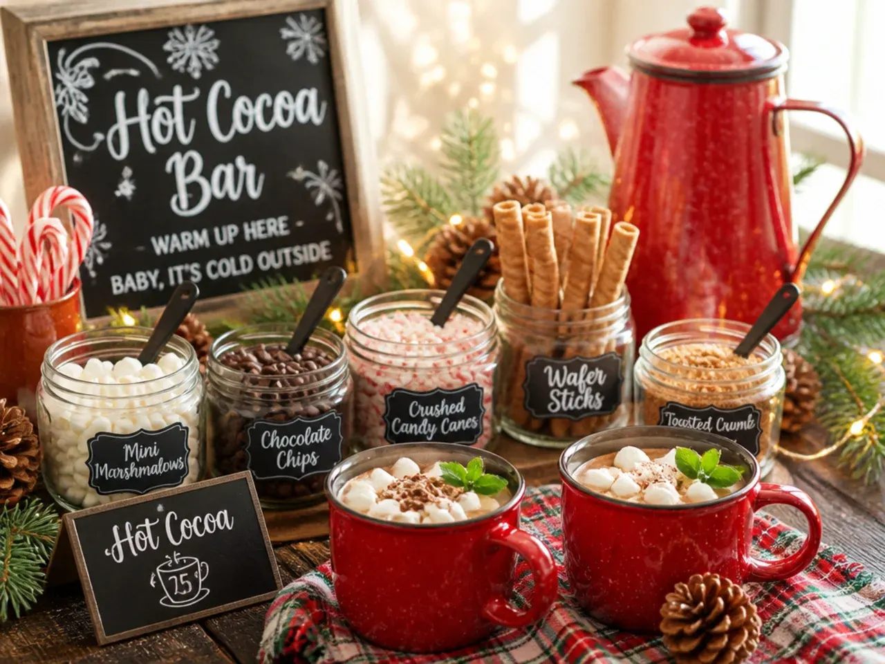 Festive Christmas themed hot cocoa bar with red and green sprinkles