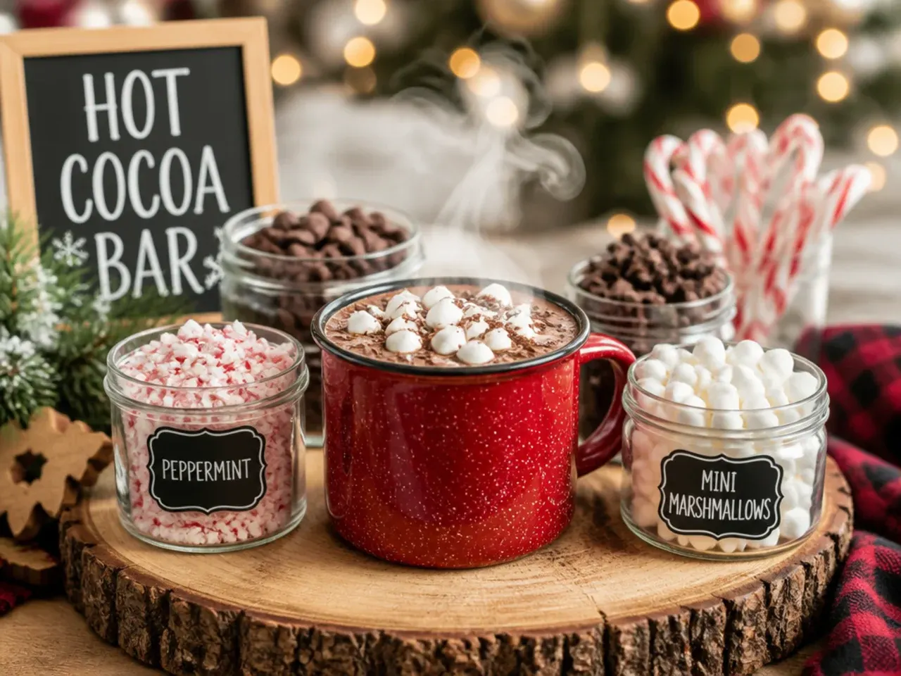 Hot cocoa mug with a chocolate rimmed edge and cinnamon stick stirrer
