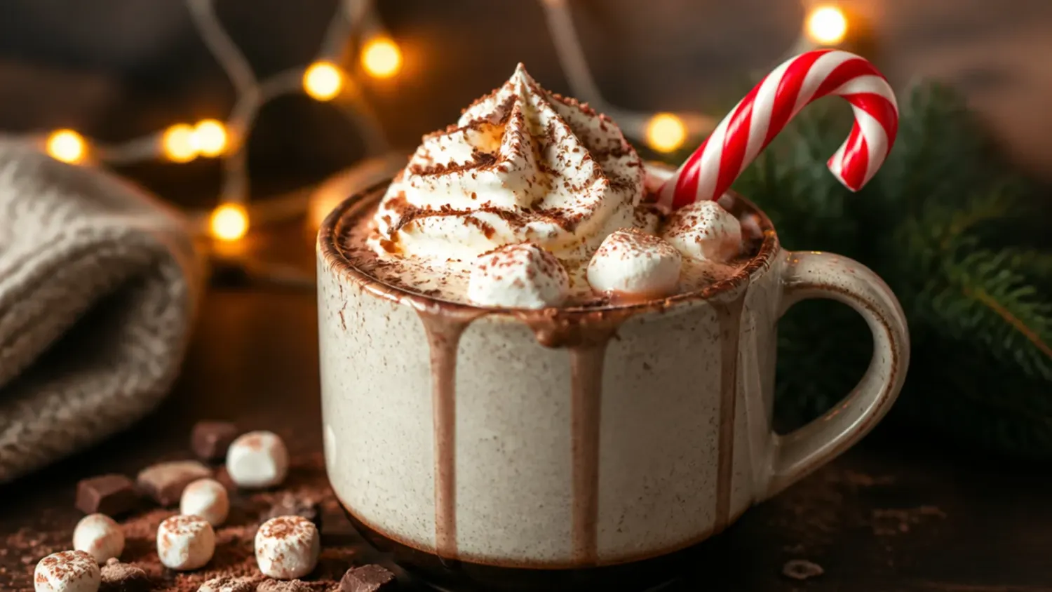 Glass jars layered with homemade DIY hot chocolate mix tied with ribbon, surrounded by mini marshmallows and cinnamon sticks