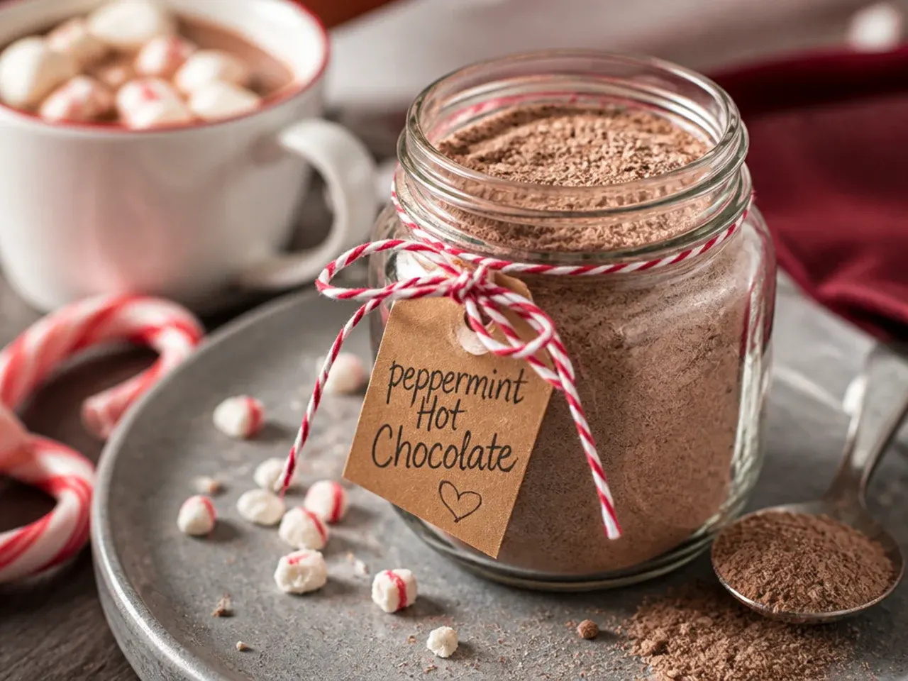 Overhead shot of ingredients for DIY hot chocolate mix including cocoa powder, milk powder and sugar in small bowls