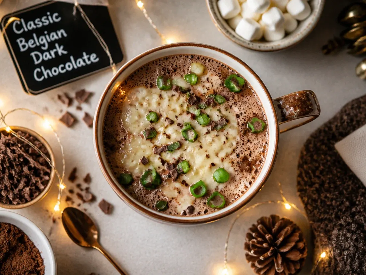 Jar of classic dark chocolate hot cocoa mix with a wooden spoon resting on top