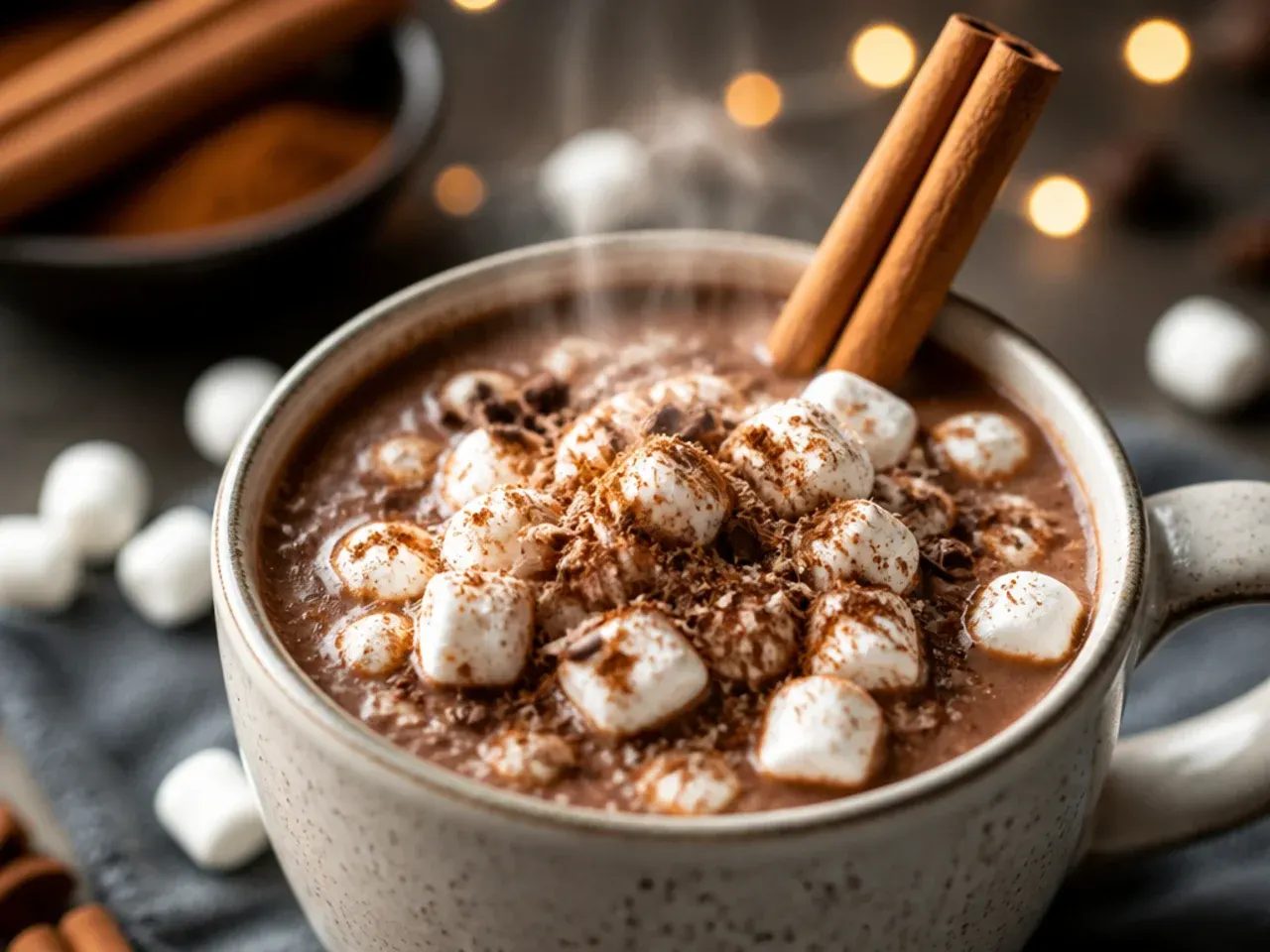 Hot chocolate mug topped with whipped cream and a cinnamon stick stirrer beside a spiced cocoa mix jar