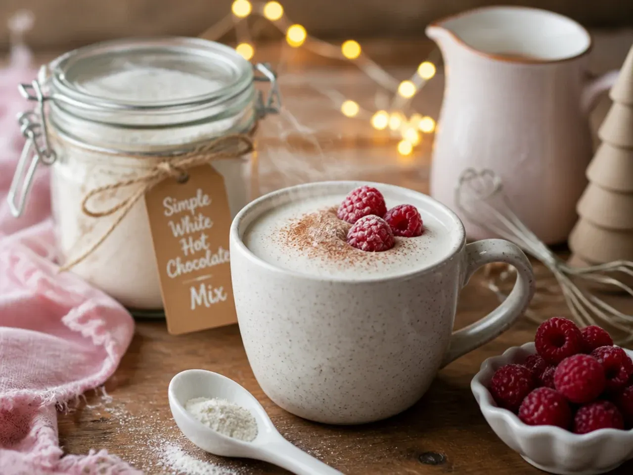 Jar of white hot chocolate mix with milled white chocolate visible next to a mug of pale creamy hot chocolate