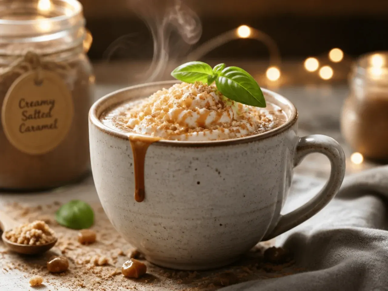 Mug of salted caramel hot chocolate with caramel drizzle and flaky sea salt on top