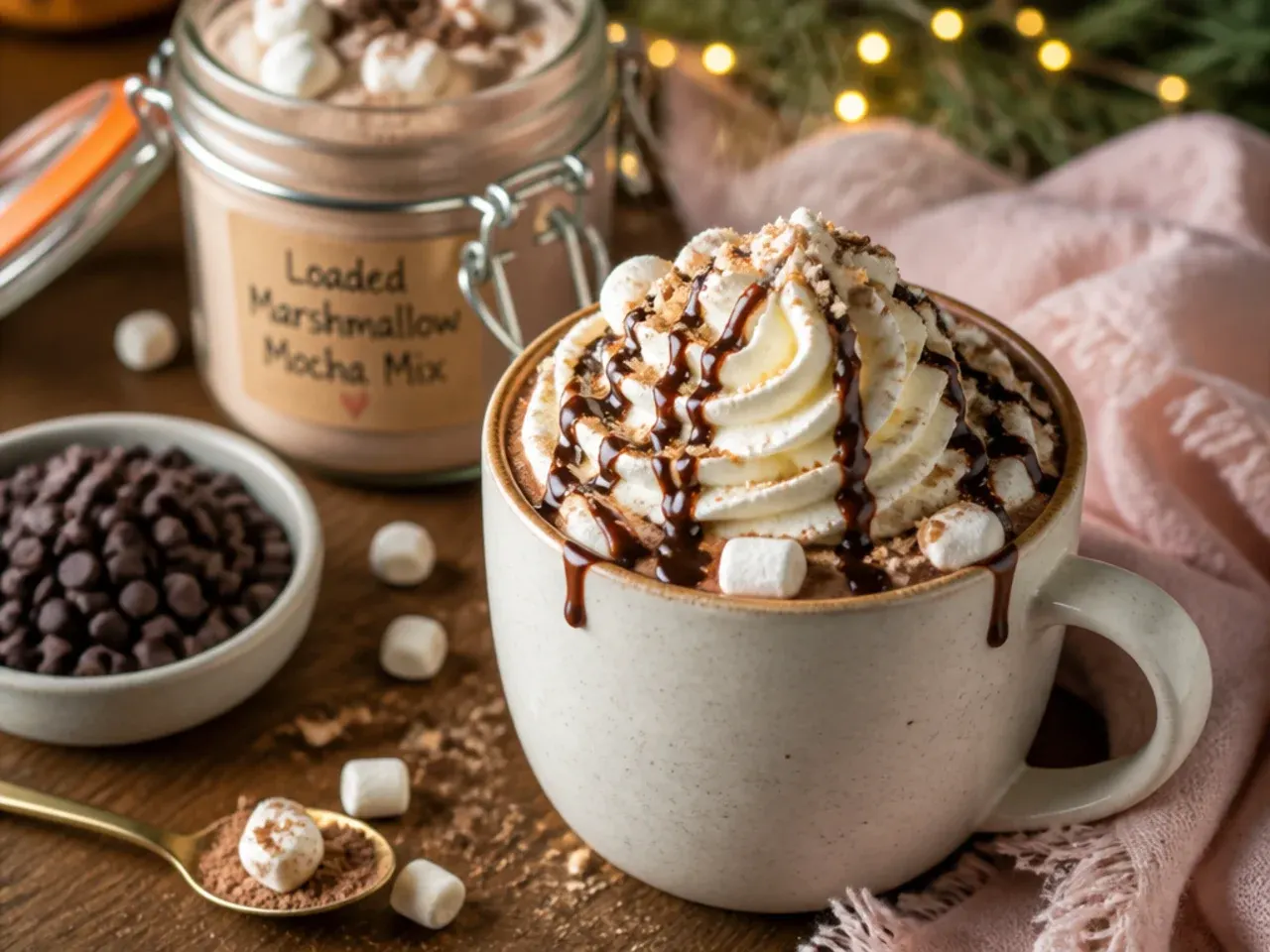 Layered jar of mocha hot chocolate mix with a marshmallow and chocolate chip topping
