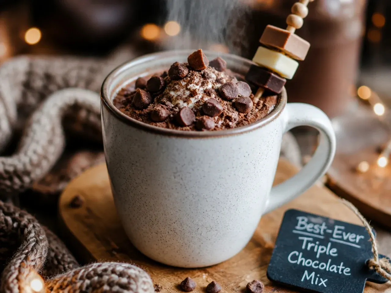 Thick, glossy triple chocolate hot cocoa in a mug with chopped chocolate pieces visible