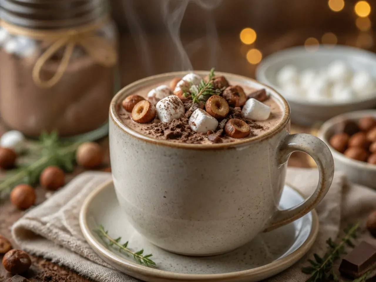 Jar of hazelnut hot chocolate mix with toasted hazelnuts scattered nearby