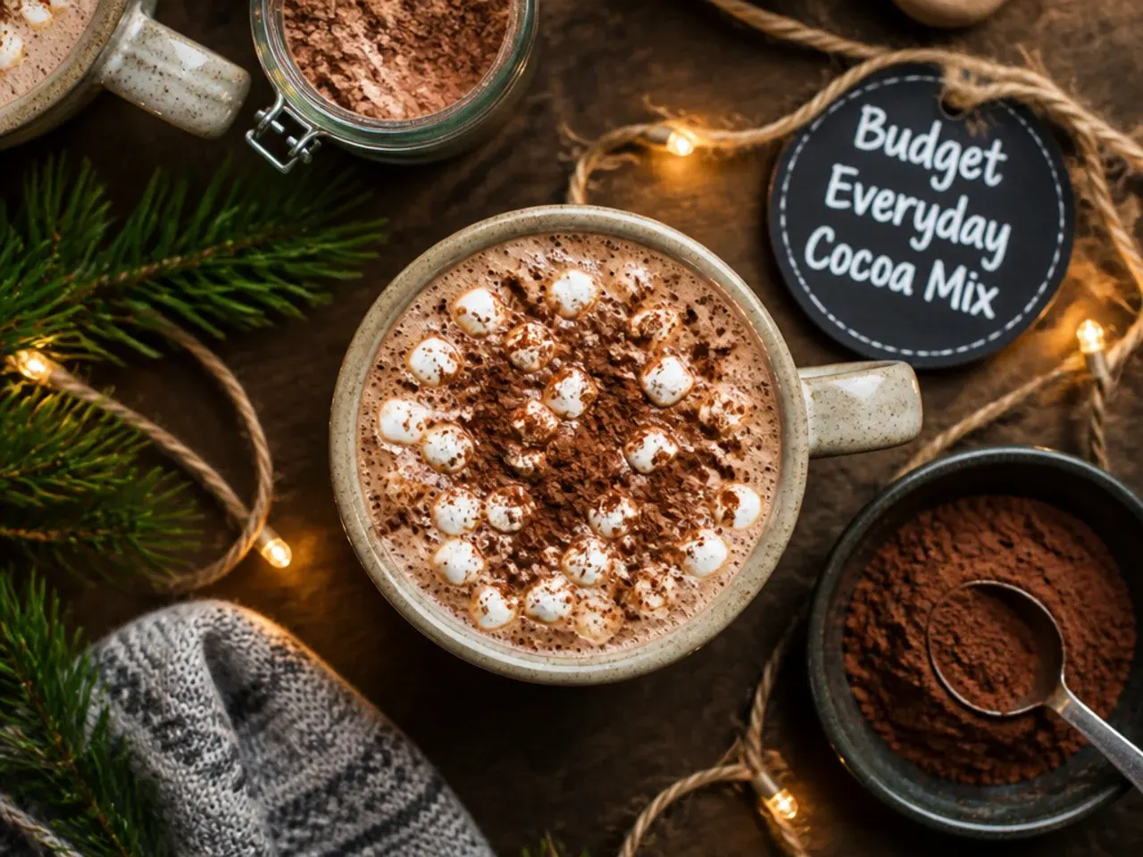 Simple budget cocoa mix in a small kraft-labelled jar next to a stack of mugs