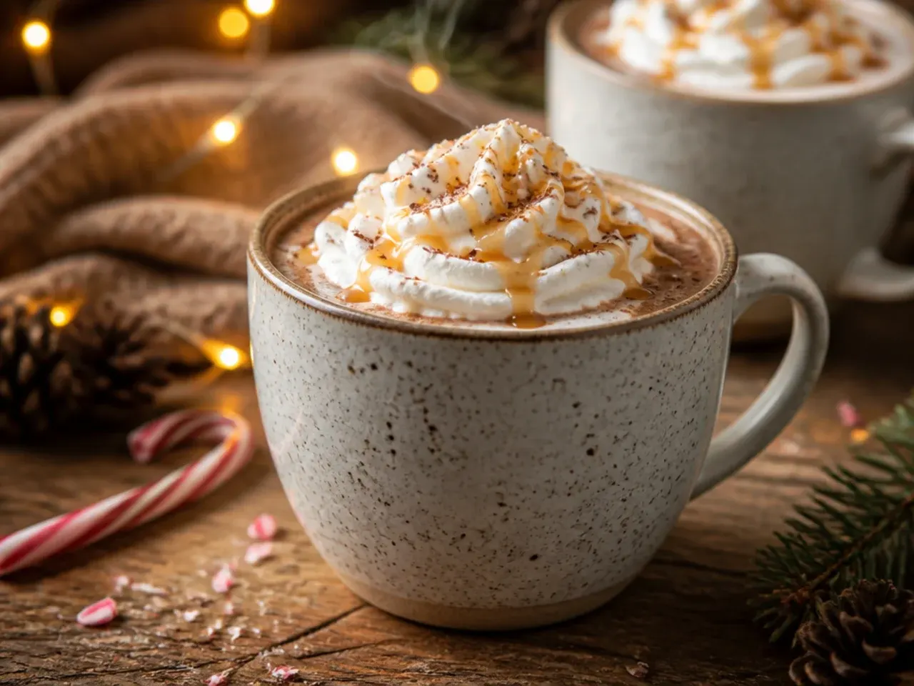Peppermint mocha hot chocolate mix jar with crushed candy cane pieces and a candy cane stirrer