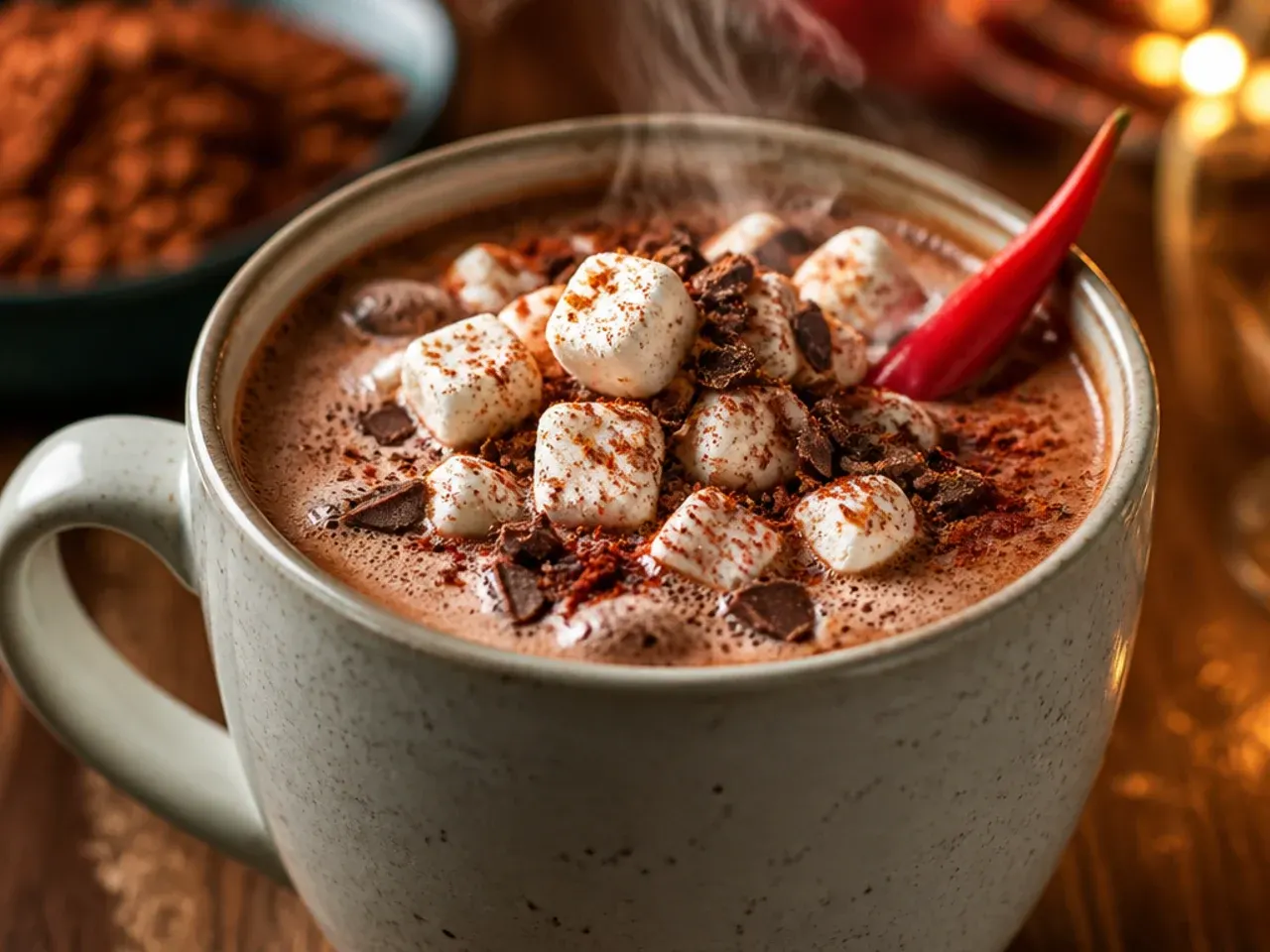 Mexican spiced hot chocolate mix jar decorated with a cinnamon stick and dried chilli on the ribbon