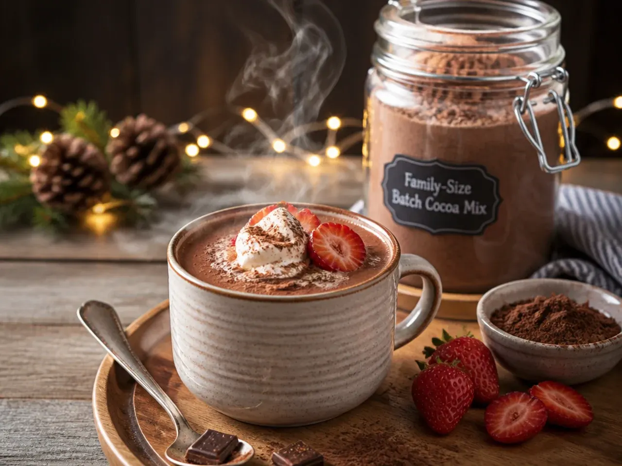 Large family-size batch of hot chocolate mix in a big storage jar with smaller gift jars being filled beside it