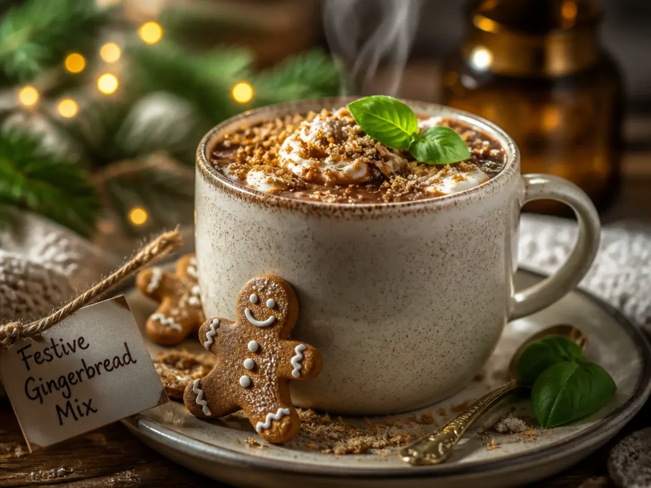 Gingerbread spiced hot chocolate mix jar with a mini gingerbread man cookie balanced on the rim