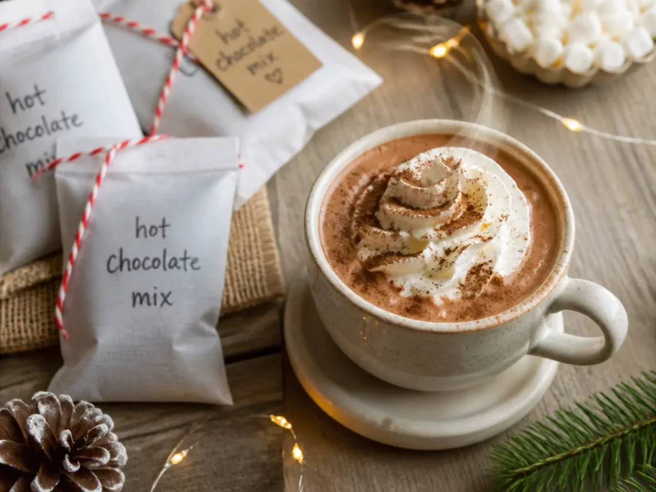 Row of small individually portioned hot chocolate mix sachets tied with twine