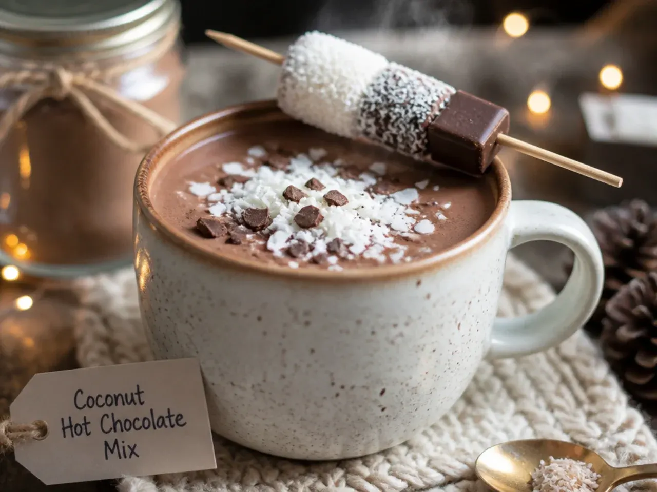 Coconut hot chocolate mix jar with toasted coconut flakes and a mug topped with coconut shavings