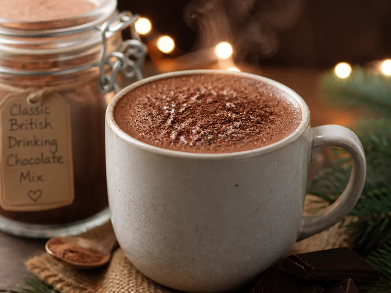 Mug of classic sweet British-style drinking chocolate topped with mini marshmallows