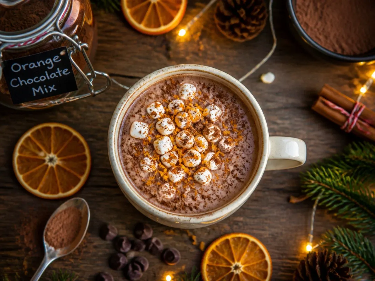 Orange chocolate hot cocoa mix jar with dried orange zest and a curl of orange peel garnish