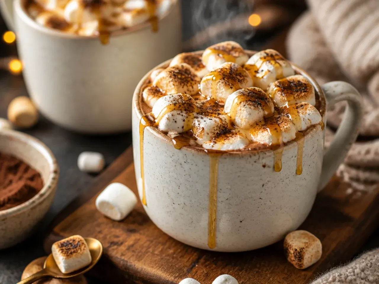 Hot chocolate mix jar with freeze-dried marshmallow bits and a toasted marshmallow floating on top of the finished drink