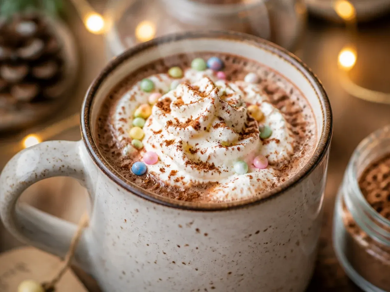 Vanilla malt hot chocolate mix jar with visible vanilla bean flecks and malted milk powder