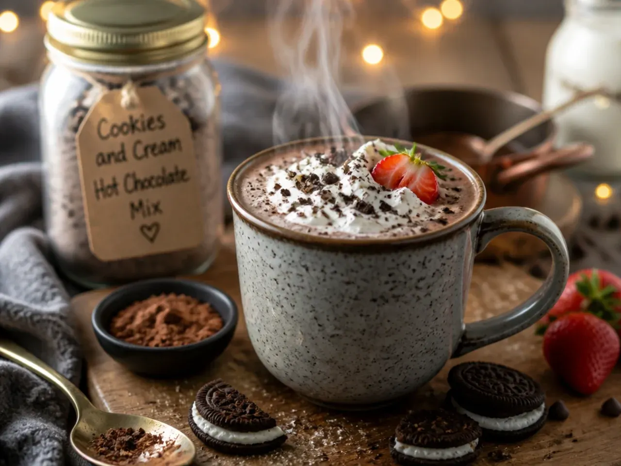 Cookies and cream hot chocolate mix jar with crushed chocolate sandwich biscuits and a mug topped with biscuit crumbs