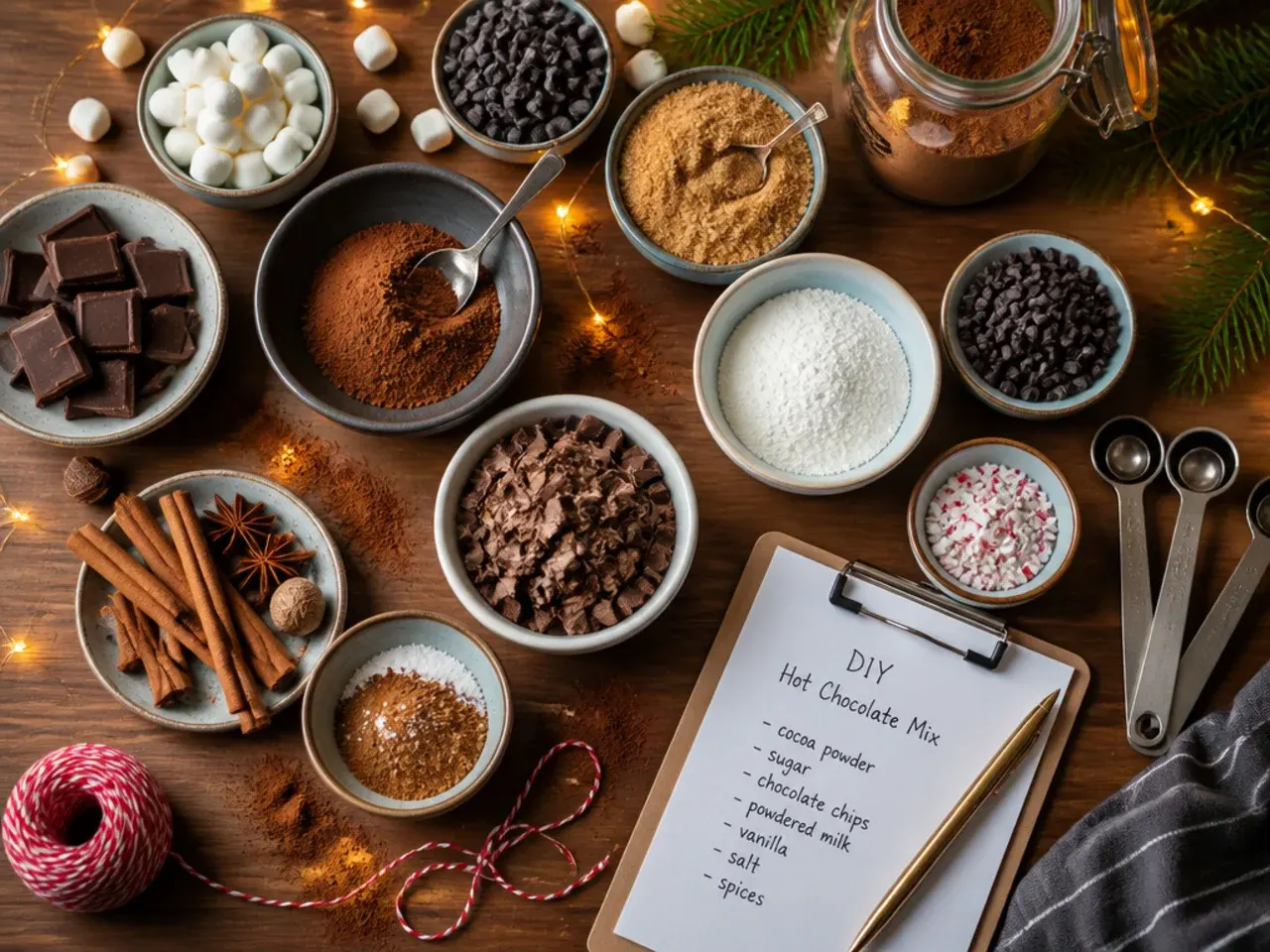 Hands sifting cocoa powder over a mixing bowl for hot chocolate mix
