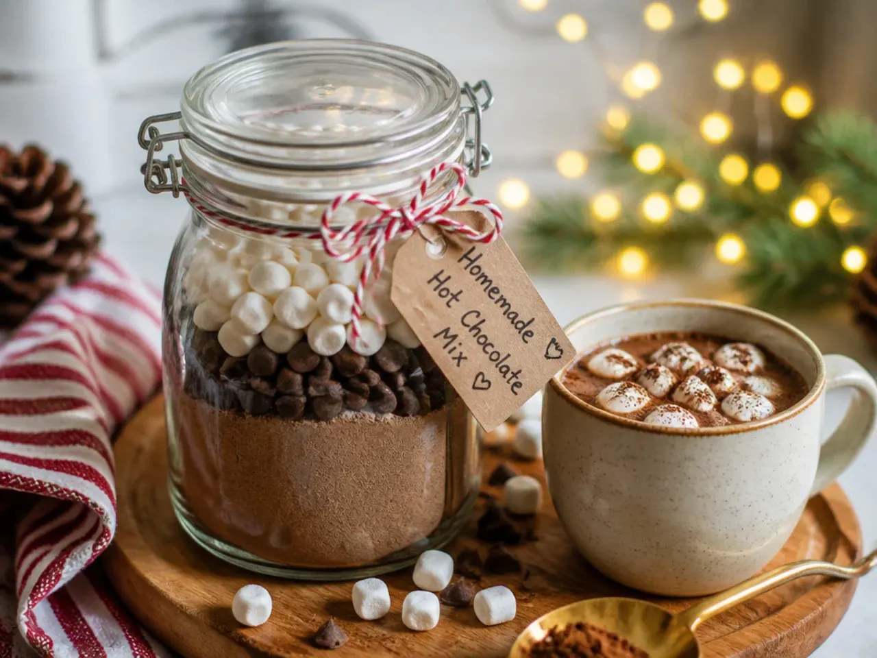 Row of sealed mason jars filled with different flavours of DIY hot chocolate mix ready for gifting