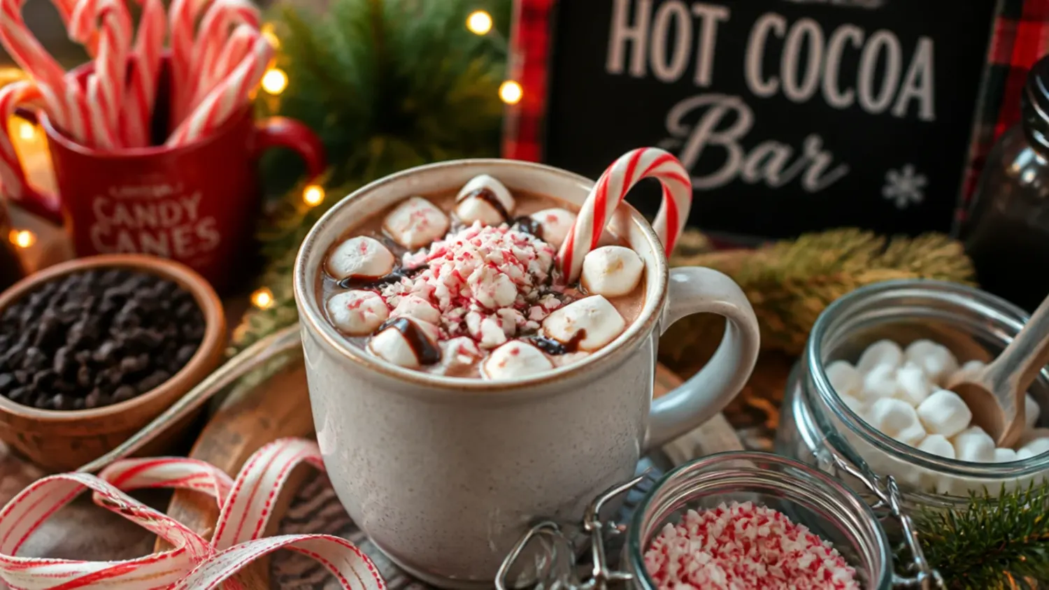 A DIY hot cocoa bar with a pot of hot chocolate, mugs, marshmallows, whipped cream and toppings laid out on a wooden table