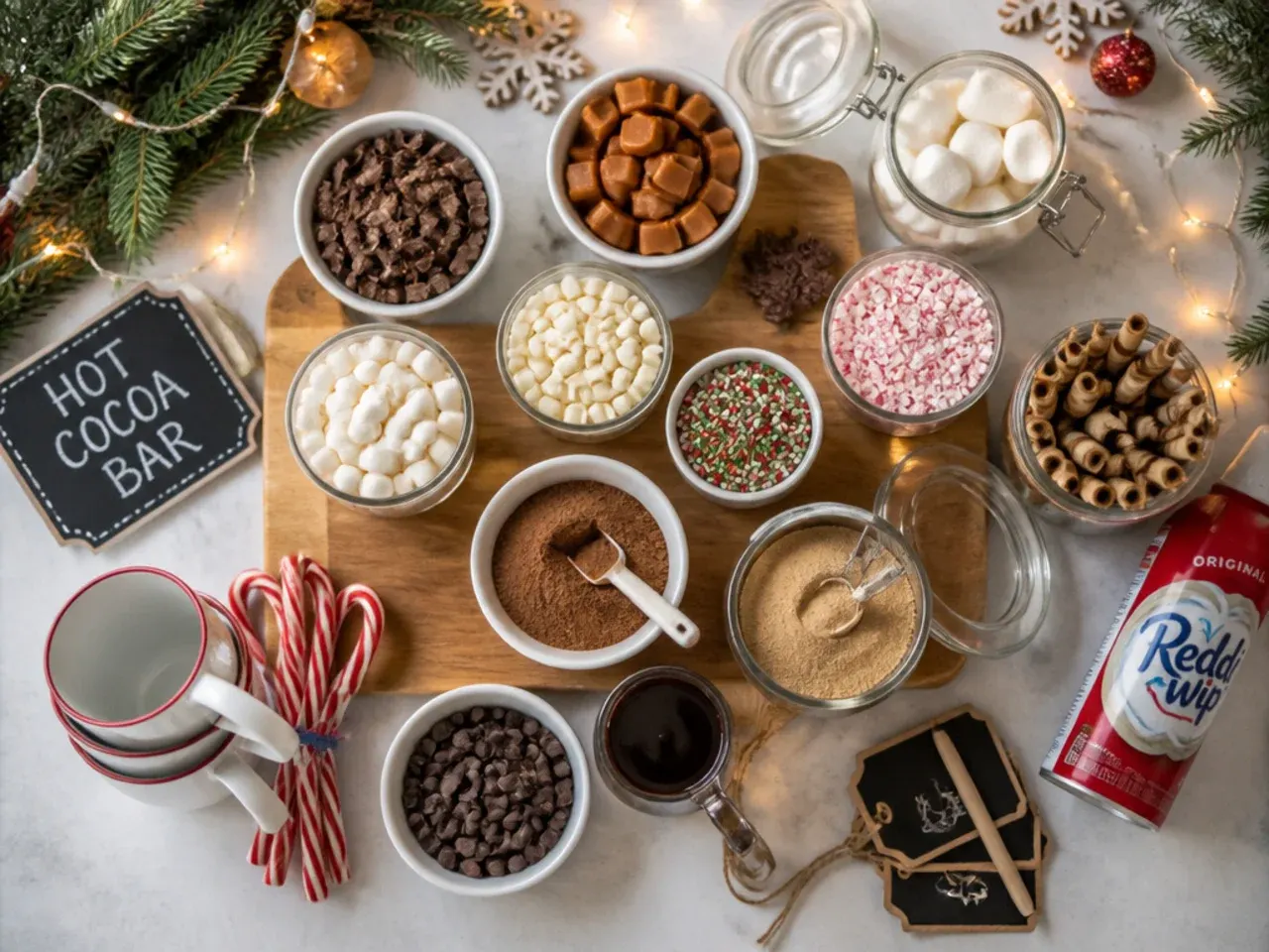 Close-up of hands sprinkling chocolate shavings and mini marshmallows onto a mug of hot chocolate
