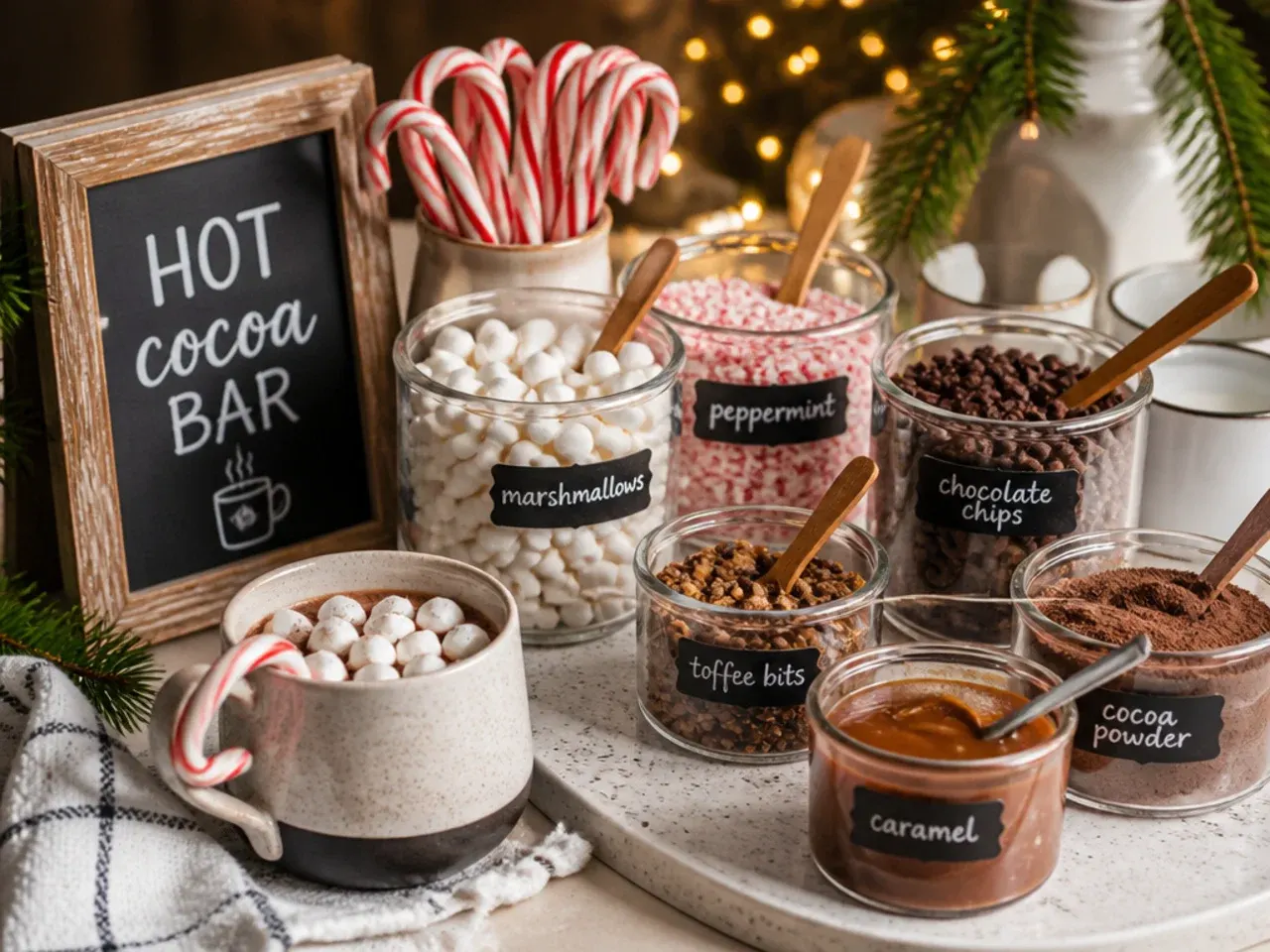 A labelled mason jar of premade hot cocoa base next to small jars of toppings ready for a party