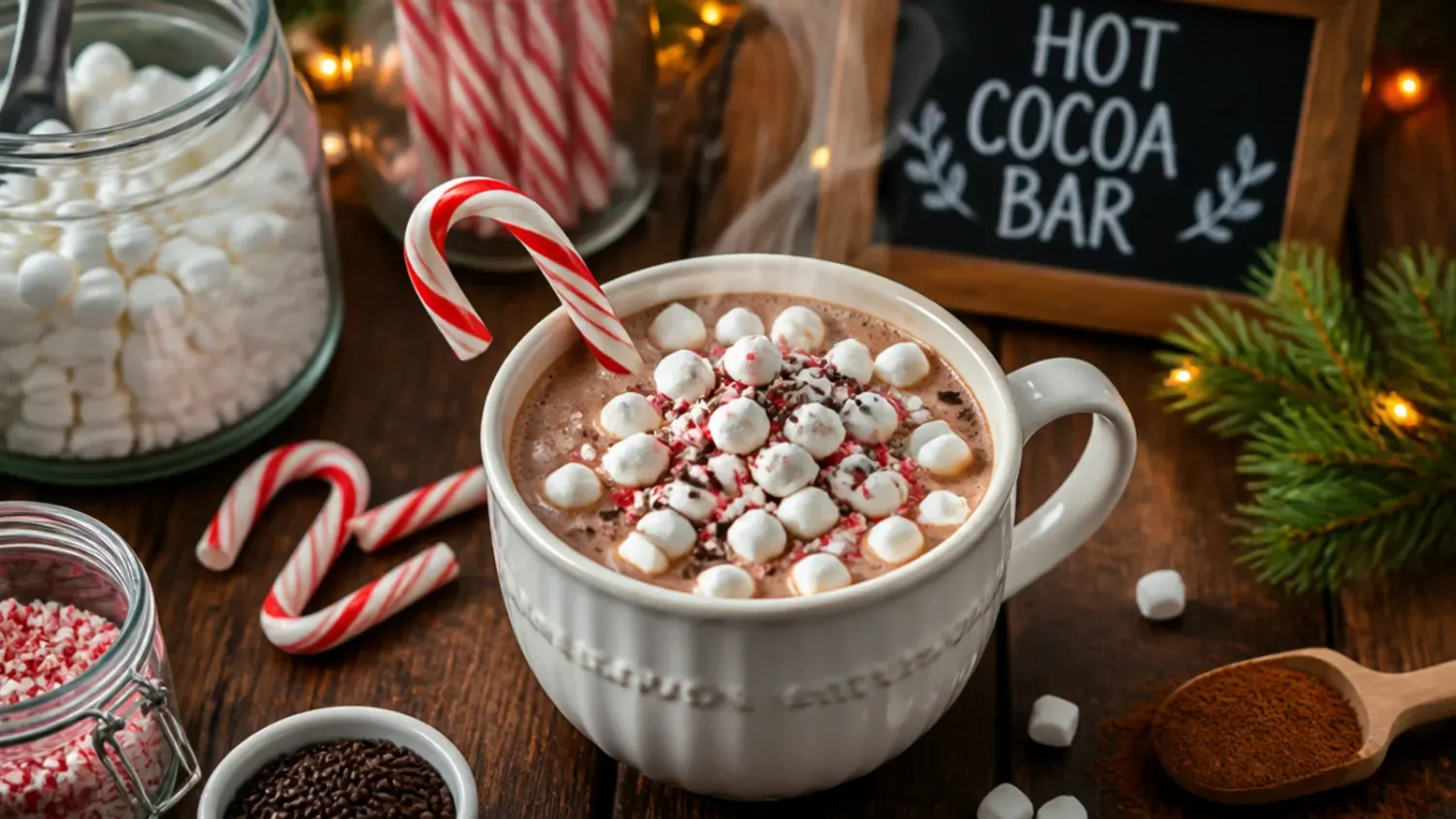 A dollar tree hot cocoa bar set up with mugs, marshmallows, candy canes and cocoa mix on a wooden tray