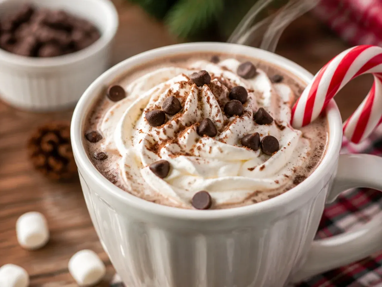 Overhead shot of a dollar tree hot cocoa bar with mugs, toppings and cocoa mix laid out