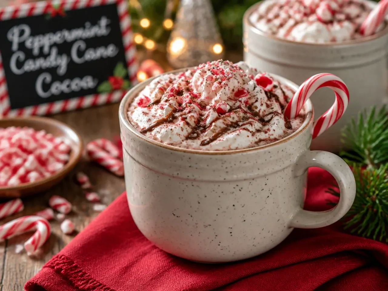 Hot cocoa mug rimmed with crushed candy cane and topped with whipped cream