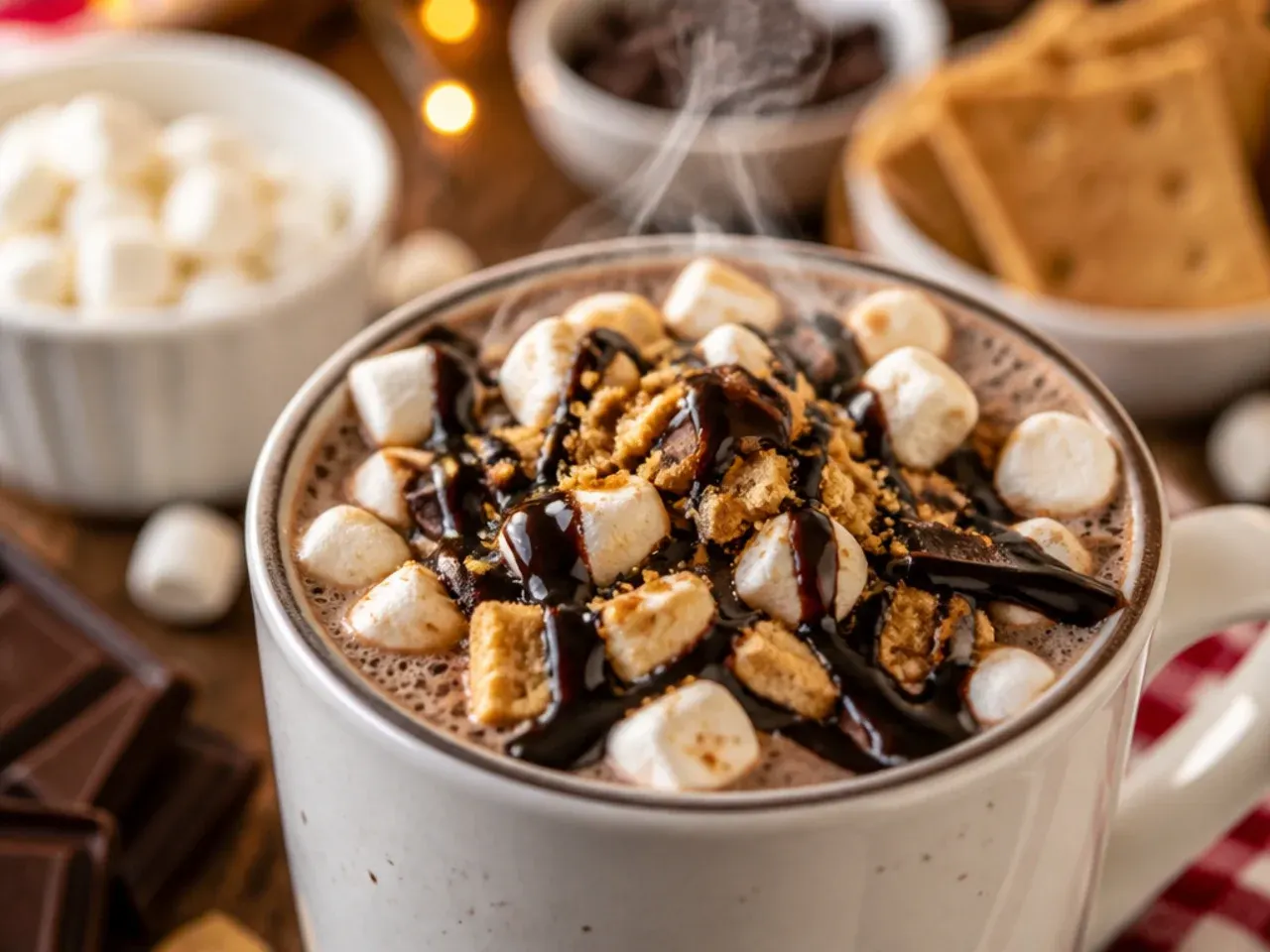 S'mores style hot cocoa with toasted marshmallows and crushed graham cracker