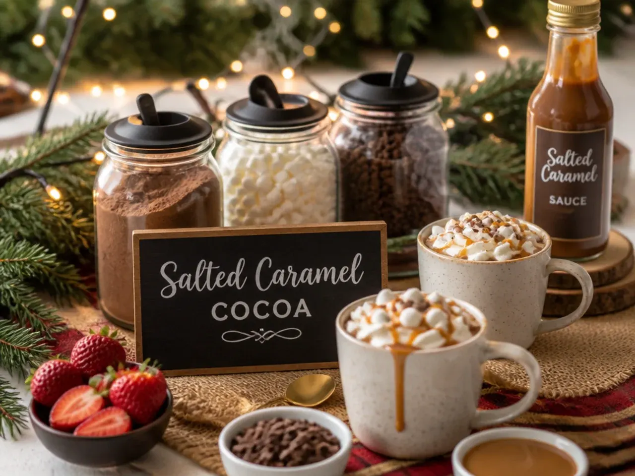 Salted caramel hot cocoa with caramel drizzle and sea salt flakes