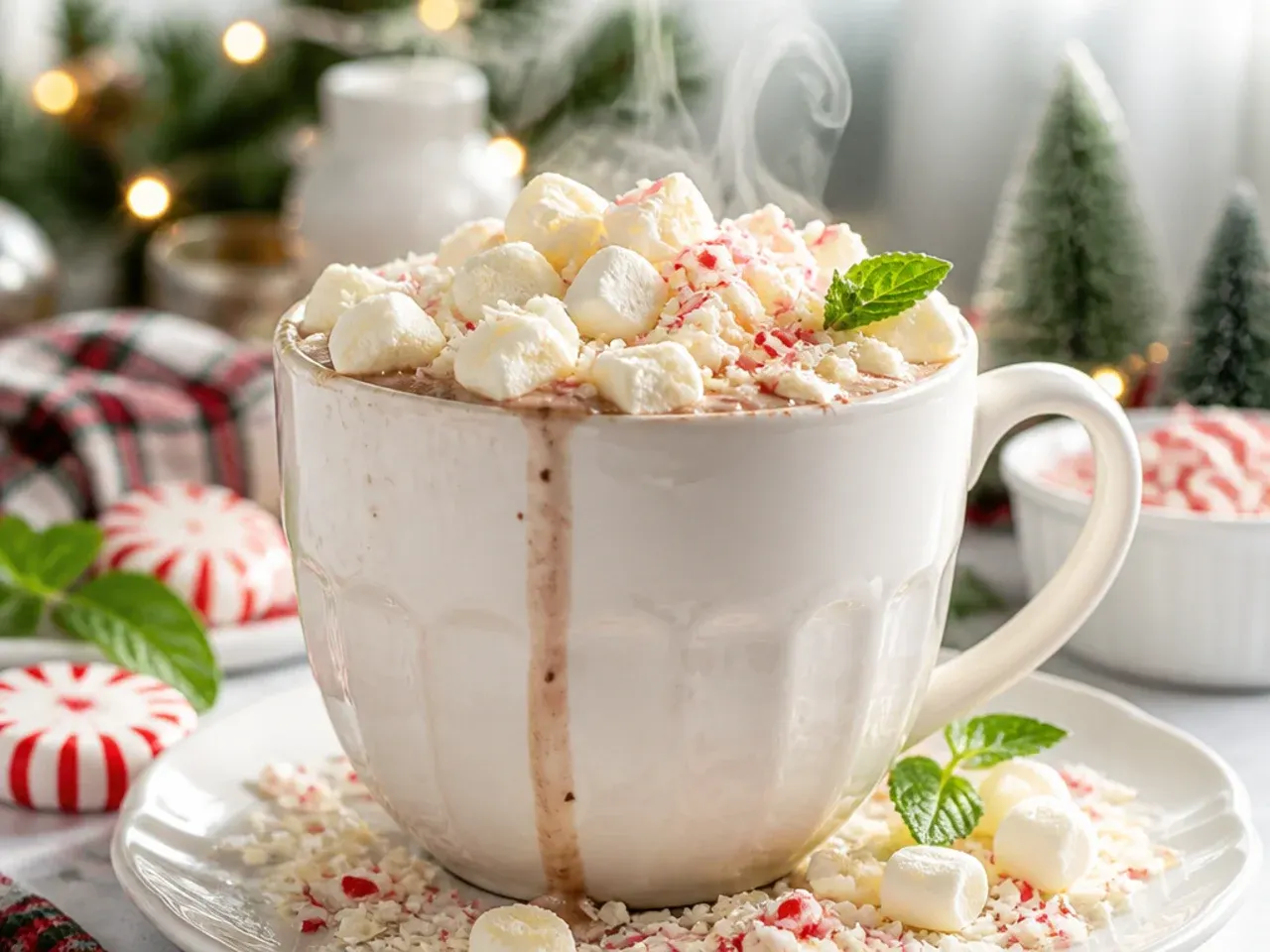 White hot chocolate with peppermint and crushed candy cane on top
