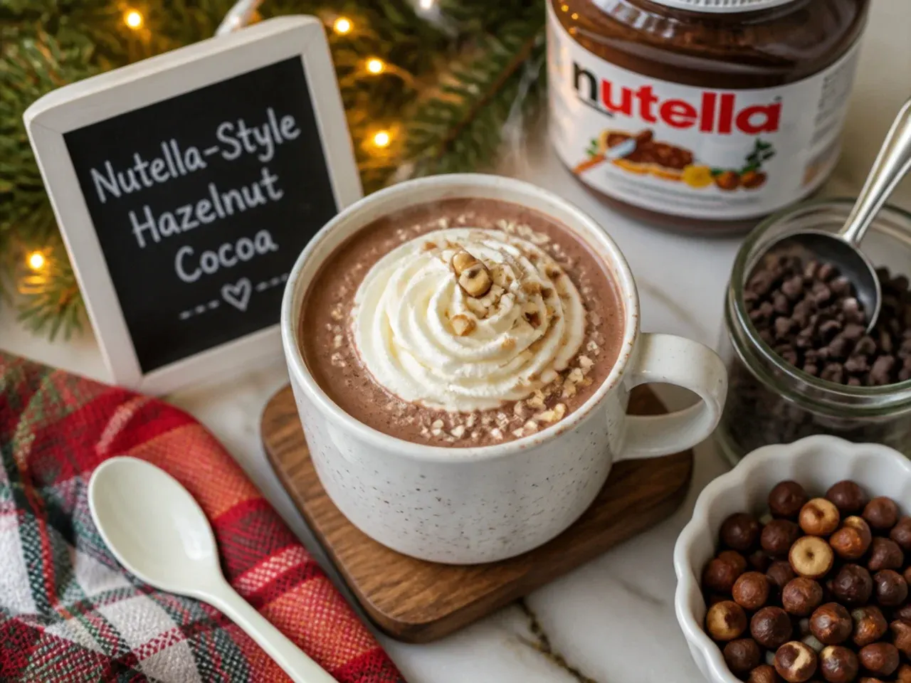 Nutella hot chocolate topped with whipped cream and crushed wafers