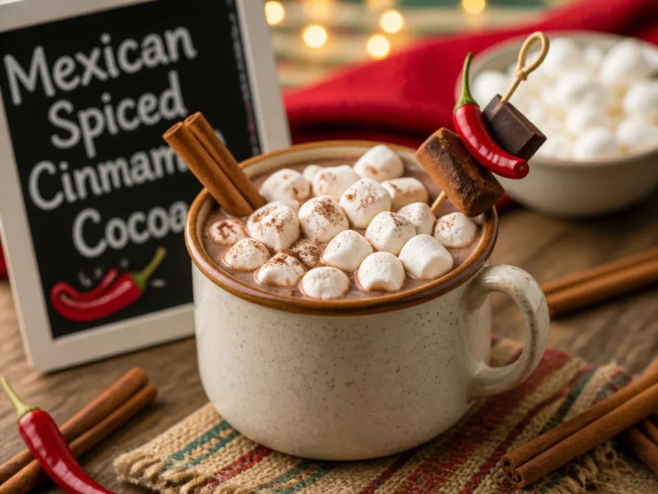 Spiced Mexican hot chocolate with a cinnamon stick garnish