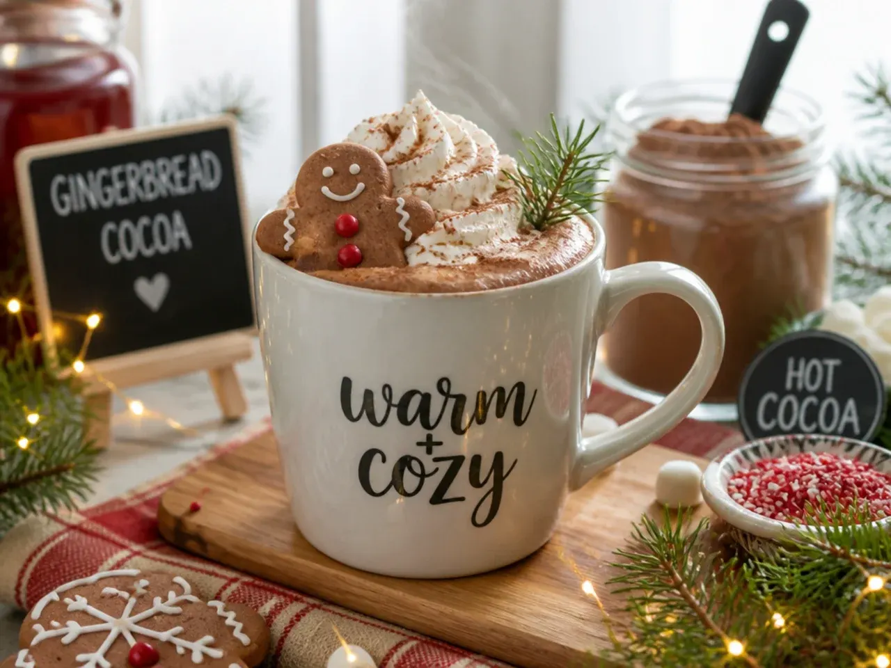 Gingerbread spiced hot cocoa topped with cream and crumbled cookie