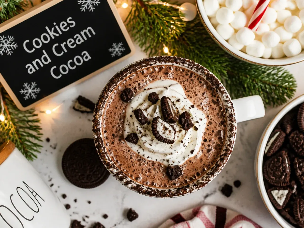 Cookies and cream hot cocoa with crushed sandwich cookies on top