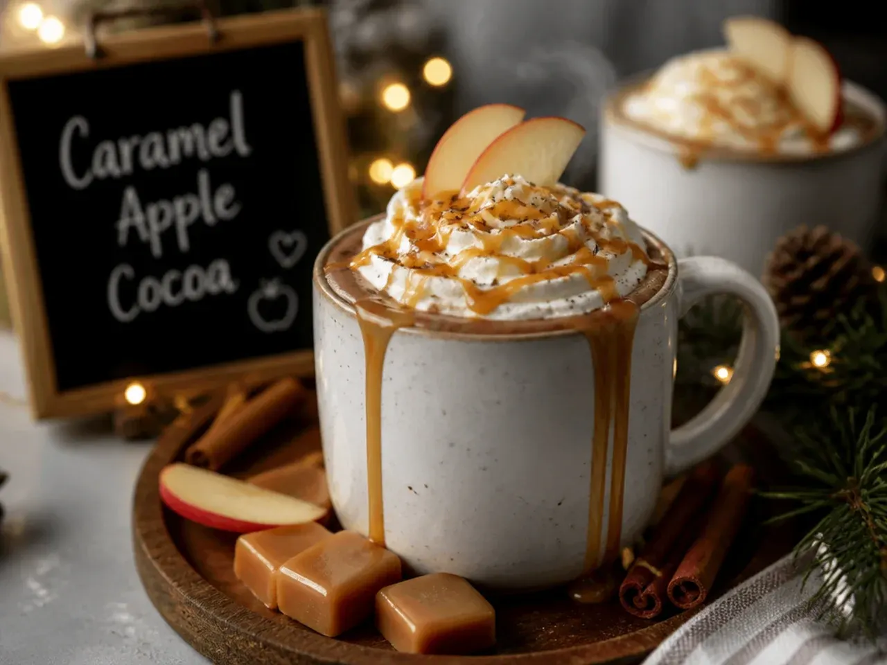 Caramel apple hot cocoa with caramel drizzle and whipped cream