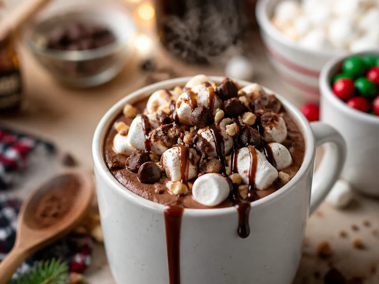 Rocky road hot cocoa with marshmallows, nuts and chocolate chips