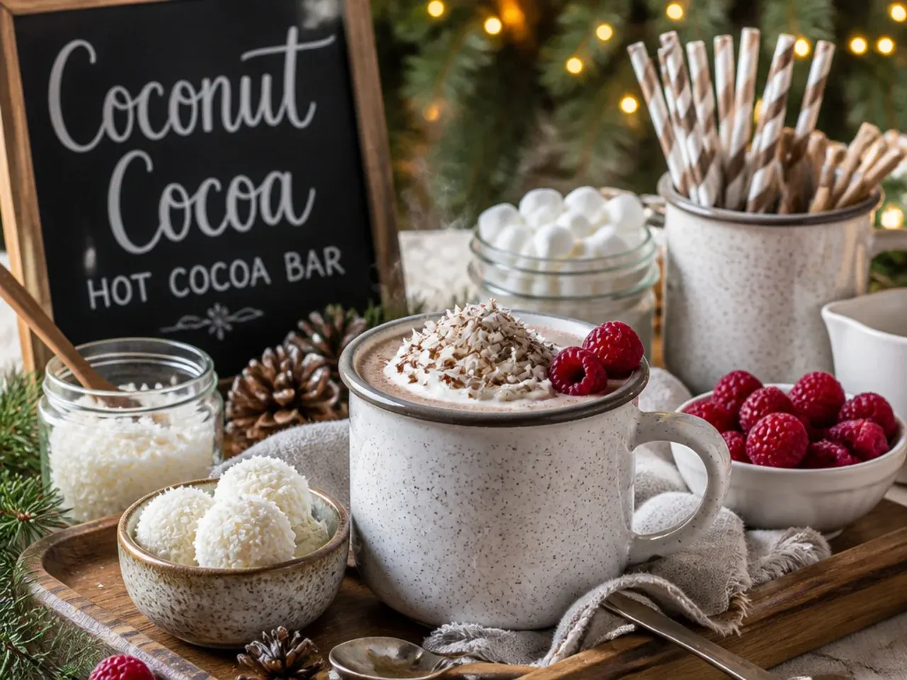 Coconut hot cocoa topped with toasted coconut flakes