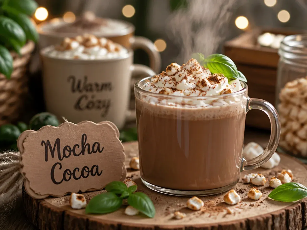 Mocha hot cocoa with whipped cream and a dusting of cocoa powder