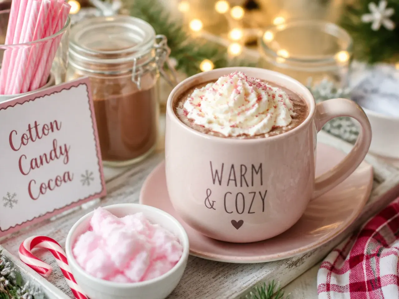 Pink cotton candy hot cocoa with rainbow sprinkles