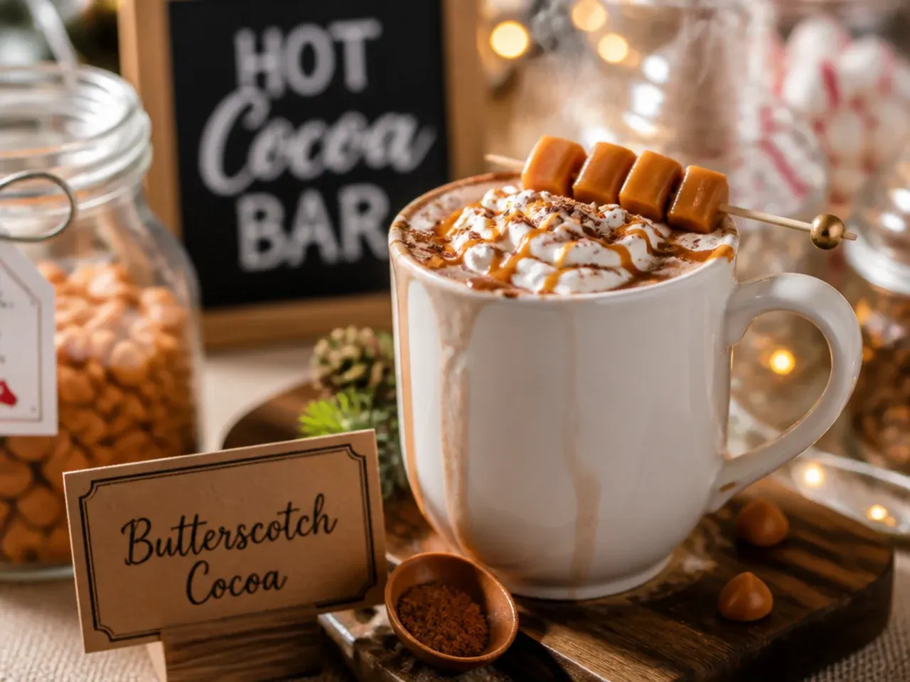 Butterscotch hot cocoa with crushed butterscotch candy on top