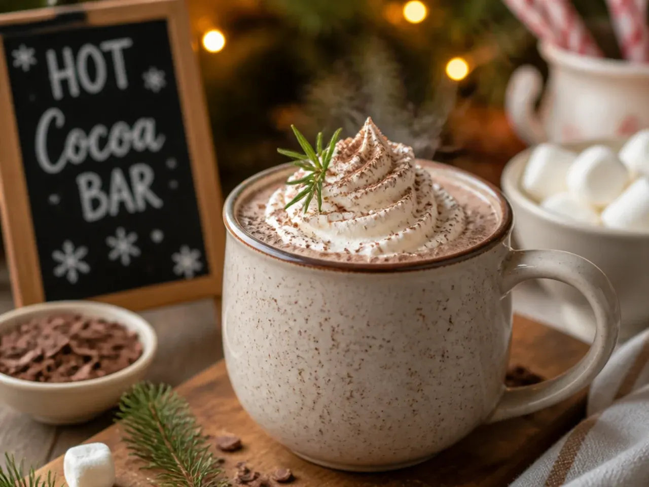 Cafe style hot cocoa in a glass mug with whipped cream and chocolate drizzle
