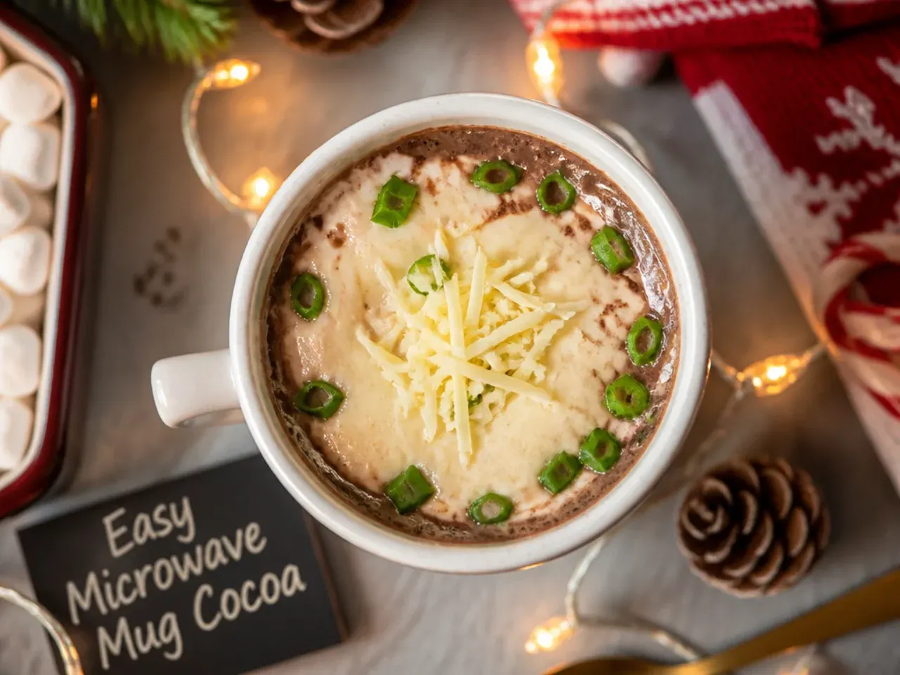 Microwave mug of hot cocoa being stirred